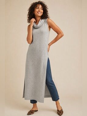 Anthropologie Gray Knit Cowl Neck Split Midi Dress